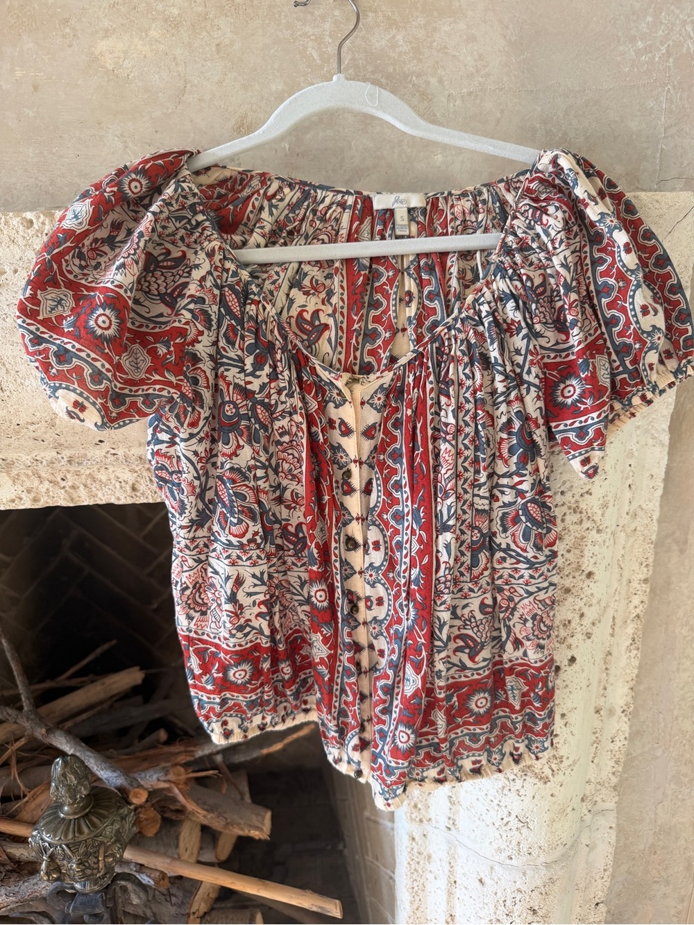 Joie Red and Cream Paisley Button-Front Peasant Blouse